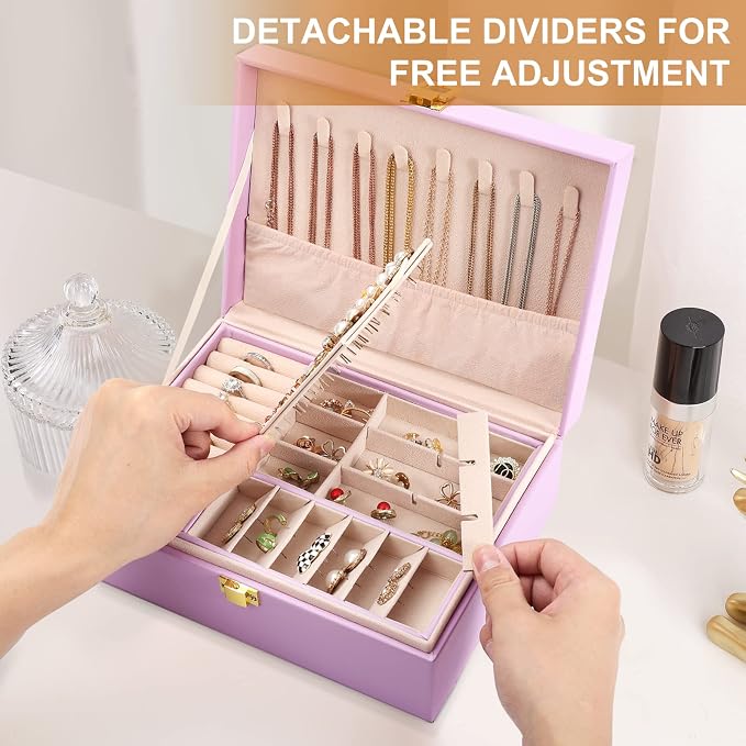 Jewelry Box for Girls Women Leather Jewelry Organizer with Lock Double Layers Jewelry Storage Case Removable Tray for Necklace Earring Ring with Polishing Cloth and Jewelry Bags, Home Decor Gifts - Image 5