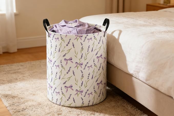 Kids Laundry Basket Flower Hamper for Nursery Girls Hamper Cute Kids Storage Bin Organizer Room Decor for Home(Purple flowers) - Image 5