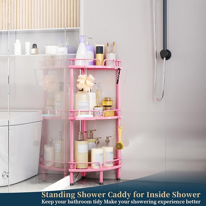 Consumest Corner Shower Caddy Stand - 3 Tier Shower Organizer with Soap Holder, Tall Floor Corner Shelf Standing with Adjustable Feet & 4 Hooks, Storage Rack for Bathroom Pink - Image 2