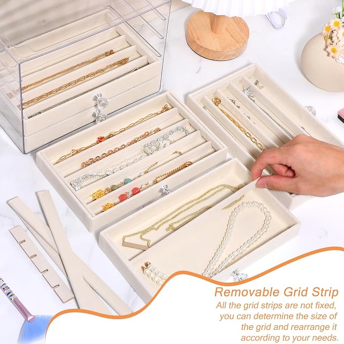 5-Drawer Necklace Organizer Box with Clear Acrylic & Velvet Lining, Beige Necklace Storage Box for Chains, Pendants, Stackable Dustproof Jewelry Holder(9.25 x 5.9 x 6.69 in) - Image 3