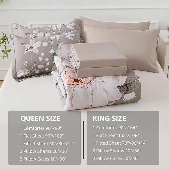 Drucon Queen Comforter Set - 7 Pieces Floral Brown Soft Bedding Sets, Queen Bed in a Bag with Botanical Flowers Comforter, Sheets, Pillowcases & Shams