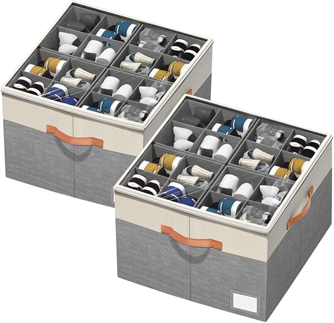 Aokeyee Shoe Organizer for Closet,2 Pack Foldable Shoe Storage Organizer Box Bin with Adjustable Dividers and Clear Cover, Fits up to 16-32 Pairs by Aokeyee