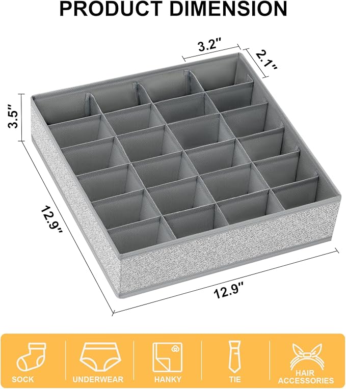 Joyoldelf Sock Drawer Organizer Divider Underwear Organizer 24-cell Fabric Dresser Drawer Organizers Storage Boxes for Socks Lingerie, Handkerchiefs, Ties 4 Pack (Gray) - Image 2