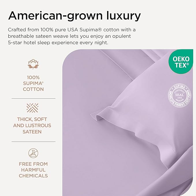 Threadmill Supima Cotton Queen Sheet Set, 1000 Thread Count Queen Sheets for Queen Mattresses, 4 Piece American Luxury Bed Sheets, Sateen Hotel Quality Sheets with Elasticized Deep Pocket, Lilac