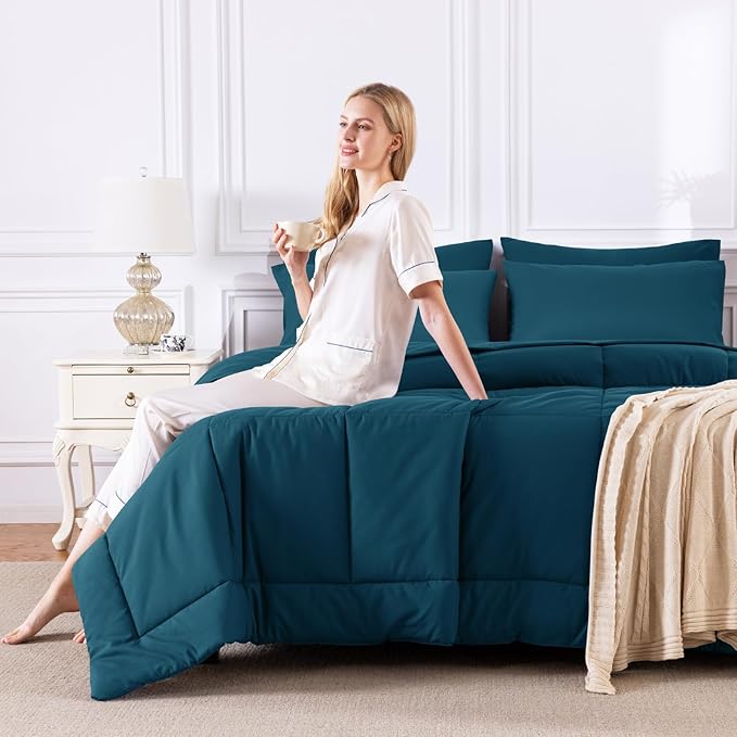 CozyLux Full Size Comforter Set Lyons Blue, 7 Pieces Bed in a Bag, Blue Comforter Full Size, All Season Bedding Sets with Stitch Quilted Comforter, Flat Sheet, Fitted Sheet, Pillowcases