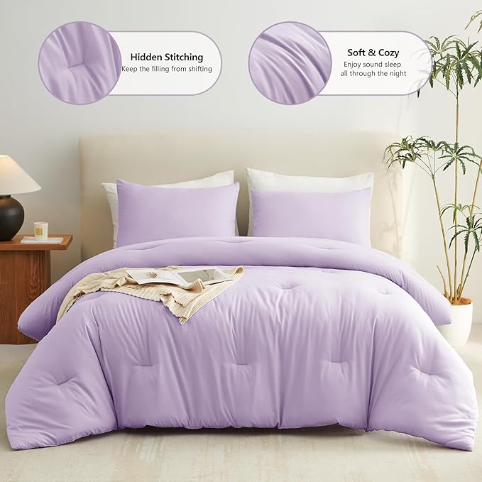 CozyLux Lavender King Size Comforter Set, 3 Pieces Light Purple Solid Breathable Quilted Bedding Sets, Luxury Fluffy Soft Bed Set with Down Alternative Comforter and 2 Pillowcases for All Season