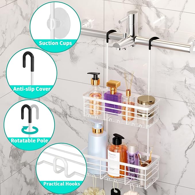 HapiRm Hanging Shower Caddy Organizer - No Drilling Shower Organizer with Hooks, Rustproof & Waterproof 304 Stainless Steel Bathroom Shelves - White - Image 2