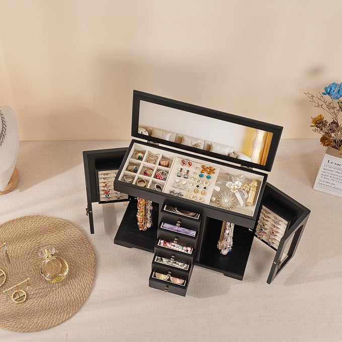 Miratino Jewelry Box for Women Girls, Wooden Jewelry Organizer Box with Mirror, 5 Layer Jewelry Storage Case Display for Necklaces Earrings Rings Bracelets Valentine's Day Gifts - Image 5