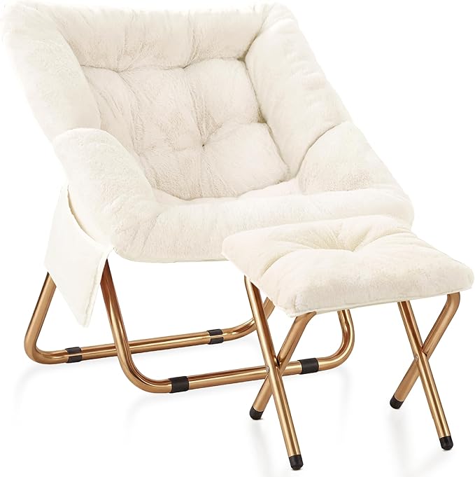 Kasunpul Comfy Saucer Chair, Foldable Living Room Chairs, Soft Faux Fur Lounge Chair for Bedroom, Reading Chairs for Adults, Teens, X-Large (White)