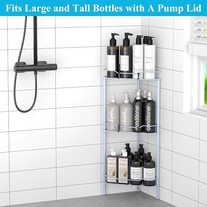 HuggieGems 3 Tier Floor Standing Corner Shower Caddy Organizer Shelf with Hooks, Bathroom Shelves Stand Rack, Blue - Image 4