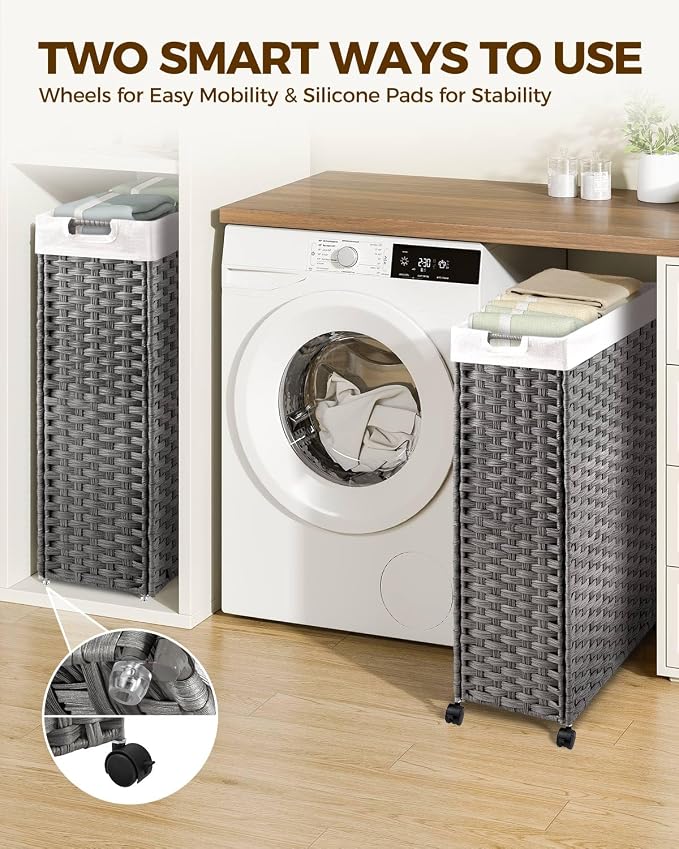 Greenstell Laundry Hamper with Wheels & Handles, 26.4 Gallon (100L) Slim Laundry Basket with 2 Removable Liner Bags & 2 Mesh Bags, Foldable Narrow Clothes Hamper for Bedroom, Bathroom, Closet, Grey - Image 2