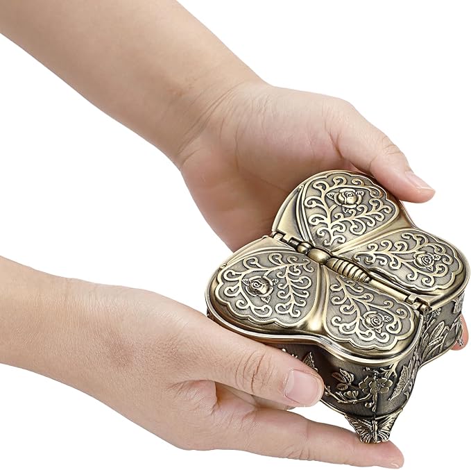 Hipiwe Vintage Metal Jewelry Trinket Box - Butterfly Shape Jewelry Organizer Treasure Chest Ring Holder Earrings Necklace Storage Box Keepsake Box,Brozne,Medium - Image 6