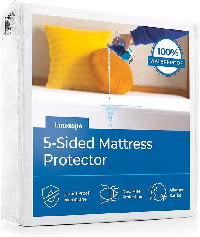 Linenspa 5-Sided Waterproof Mattress Protector – Breathable, Fitted Sheet Style, Machine Washable – Twin Size Mattress Protector, White