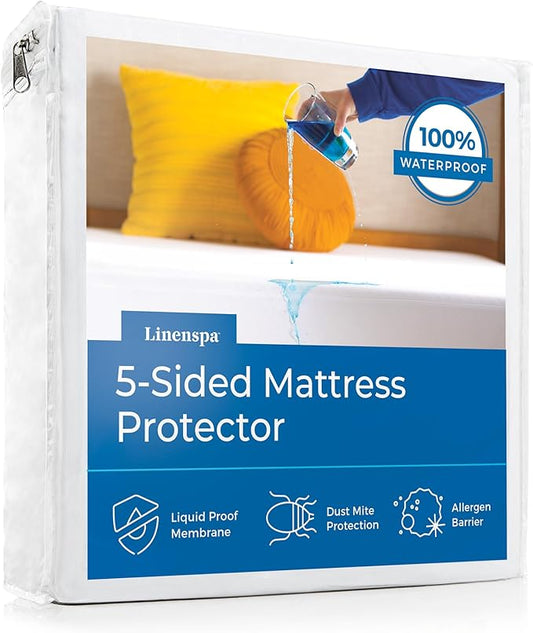 Linenspa 5-Sided Waterproof Mattress Protector – Breathable, Fitted Sheet Style, Machine Washable – California King Size Mattress Protector, White