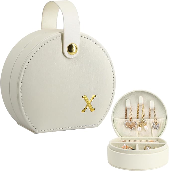 COLLECTIVE HOME - Travel Jewelry Case, Elegant Half-Moon Design with Gold Monogram, Detachable Handle, Personalized Accessory Organizer, Gift for Fashion-Forward Women and Teens (x) by COLLECTIVEHOME