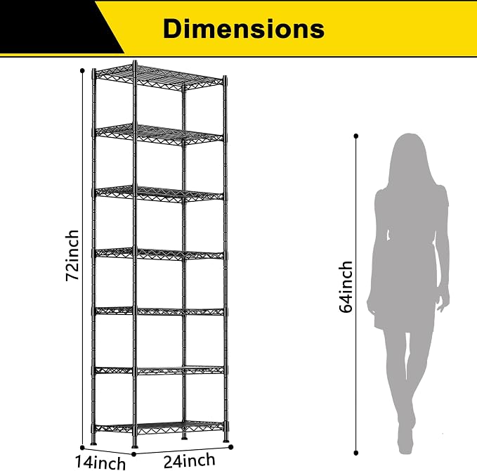 GIOTORENT 7-Wire Garage Shelving Storage Shelves, Kitchen Storage Adjustable Shelf, Metal Shelves 1400Lbs Capacity 24" W x 14" D x 71.6" H for Laundry Bathroom Pantry Closet, Black - Image 2