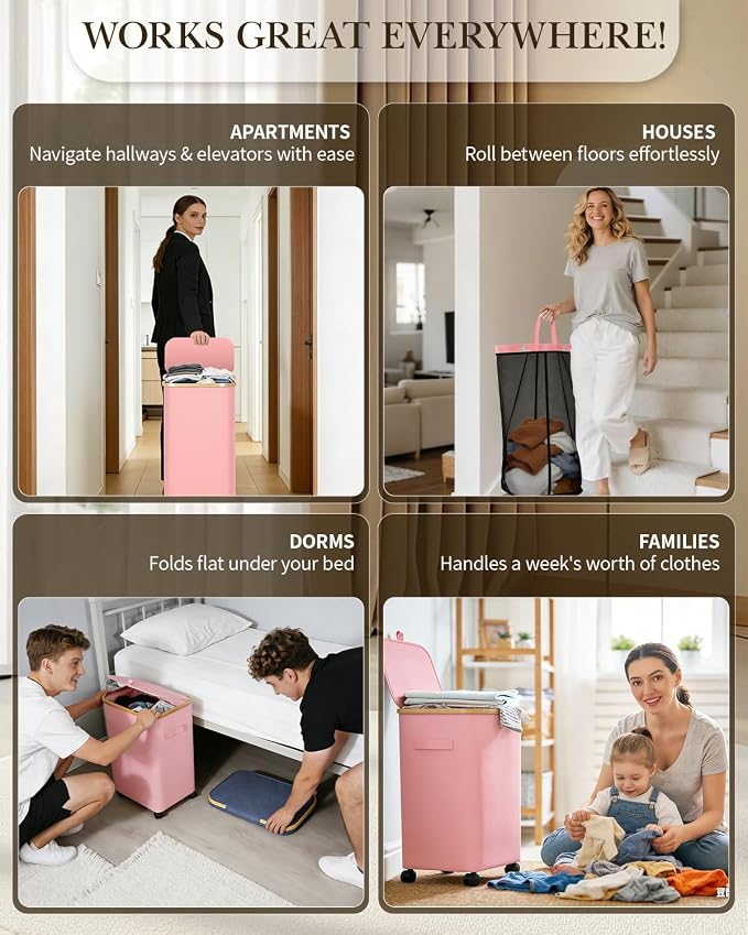 Laundry Hamper with Wheels, 75L Large Clothes Hamper with Removable Inner Bag, Collapsible Dirty Clothes Basket for Dorm, Rolling Dirty Clothes Basket for, Bedroom, Bathroom, Laundry Room - Image 8