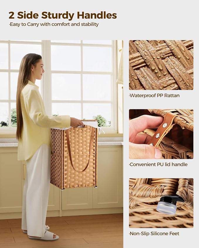 Greenstell Laundry Hamper with Wheels, No Install Needed, 90L Divided Handwoven Hampers & 2 Removable Liner Bags, Synthetic Rattan Clothes Laundry Basket with Lid & Handles, Foldable Hampers Natural - Image 6