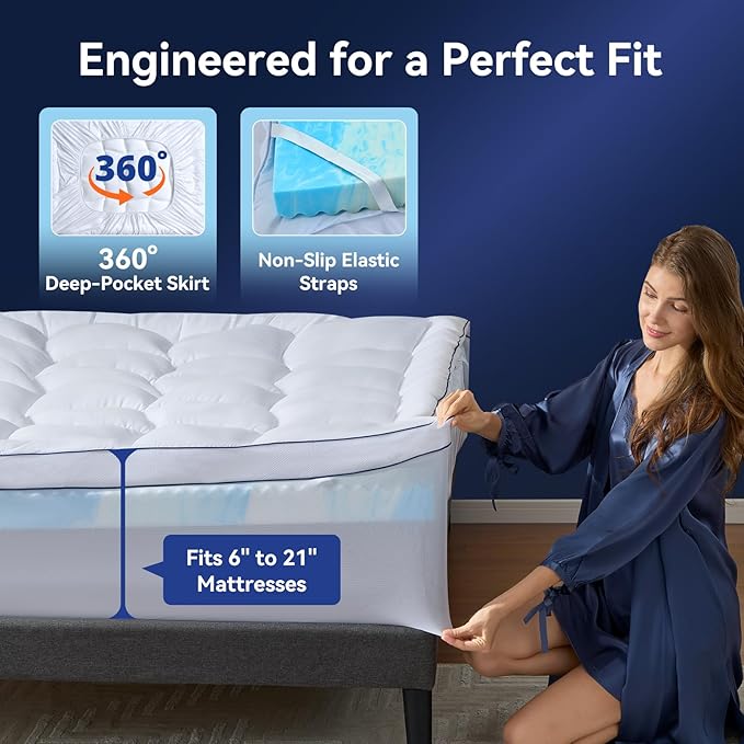 King Size Dual Layer 4 Inch Memory Foam Mattress Topper, 2 Inch Fluffy Soft Pillow Top Mattress Pad Cover and 2 Inch Gel Memory Foam for Back Pain Relief, Breathable, Cooling