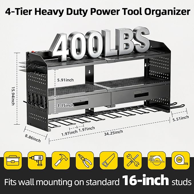 Power Tool Organizer Wall Mount Heavy Duty 400 lbs, 4 Layers Storage Rack with 9 Drill Holders & Battery Storage, Cordless Tool Organizer for Garage, Workshop & Tool Room - Image 3