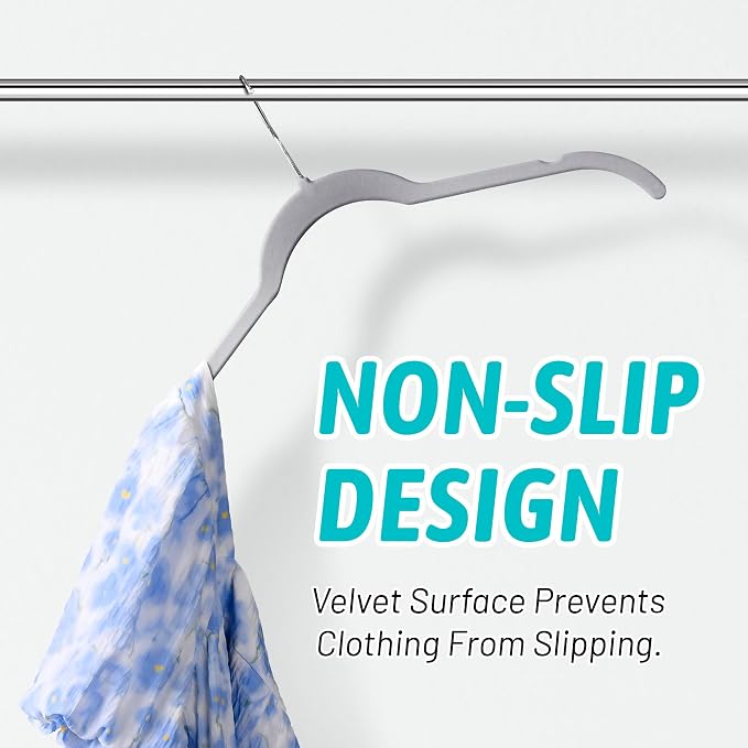 Sishynio Premium Velvet Shirt Hangers 50 Pack, Space-Saving Non-Slip Felt Hanger with 360° Swivel Hook, Slim Flocked Hangers for Strappy Dresses, Blouses, Tank Tops(Grey) - Image 4