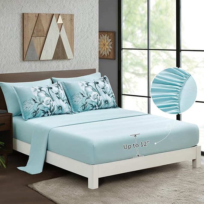 Luxudecor Floral Comforter Set Twin Size 7 Piece, Aqua Flower Bed in a Bag, Elegant Gradient Floral Comforter with Sheet Set, Soft Seersucker Microfiber Bedding Set for All Season (Aqua, 68"x86")