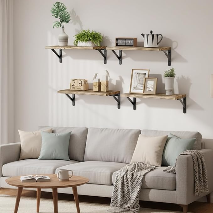Fixwal Floating Shelves for Wall, Wood Wall Mounted Shelves for Bedroom, Bathroom, Living Room, Kitchen Storage and Decor(Rustic Brown, Set of 4, 16.5 Inch) - Image 2