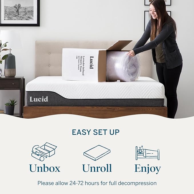 Lucid 4 Inch Lavender Memory Foam Mattress Topper, King Size – Essential Oil Infusion – Ultra Plush Feel, Pressure-Relieving Bed Topper – Ventilated and Breathable – CertiPur Certified