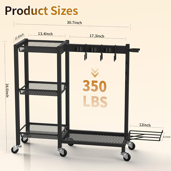 Broom Holder with Cleaning Supplies Organizer Load 350 LBS Cleaning Cart with Wheels Broom Closet Storage with 3-Tier Shelves, 6 Mop Hanger Grippers, 3 Double-Hooks, Vacuum Stand for Laundry Garage - Image 2