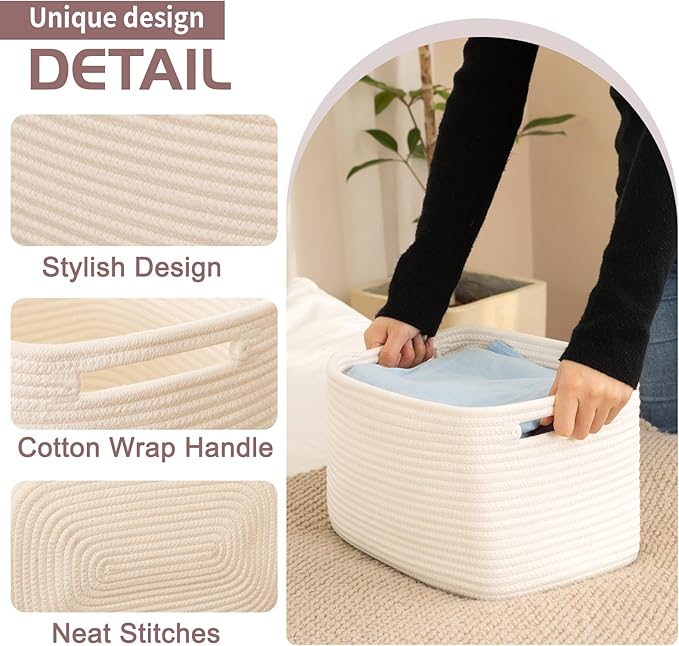 OIAHOMY 4 Pack Storage Baskets for Organizing, Cube Storage Bins for Shelves, Rectangle Storage Baskets With Handles, Woven Baskets for Storage, 16''Lx12''Wx8''H, White - Image 3