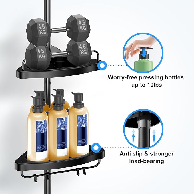 HAMITOR Corner Shower Caddy Tension Pole: Adjustable Stainless Steel Shower Organizer 4 Tier Shelf for Bathroom Bathtub Shampoo - Floor Standing Rack Bath Storage Holder with Rust Proof Rods - Black - Image 3