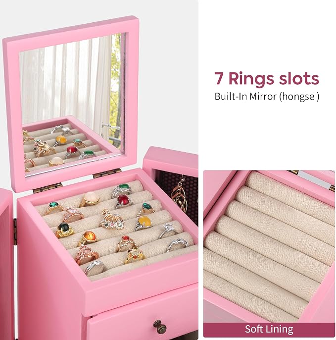 Meangood Jewelry Box Wood for Wowen, 5-Layer Large Organizer Box with Mirror & 4 Drawers for Rings, Earrings, Necklaces, Pink - Image 3