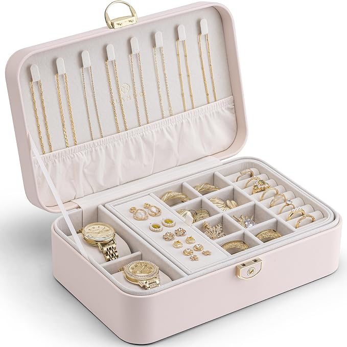 VLANDO 2 Layer Jewelry Box,Jewelry Organizer Storage Lockable Earring Organizer Removable Jewelry Tray with Watch Pillow for Neckable Ring Bracelets-Apricot Pink by VLANDO