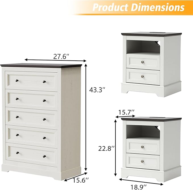KIGOTY Farmhouse Bedroom Set, 3 Pcs Dresser and Nightstand Sets, 5 Drawer Dresser & 2 Drawer Nightstand Set with Charging Station,Rustic Wood Bedroom Furniture Set for Home,White