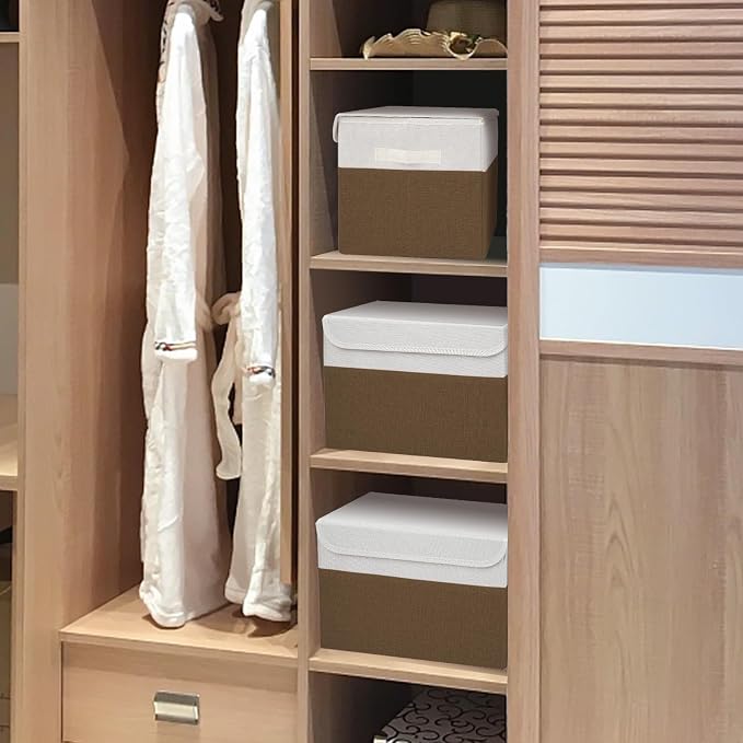 Large 17" 42 Quarts Collapsible Stackable Storage Bins with Lids [3-Pack] Foldable Fabric Linen Storage Boxes Cube, Closet Organizer Baskets with Label for Home (16.7 x 12 x 12", Brown & White) - Image 6