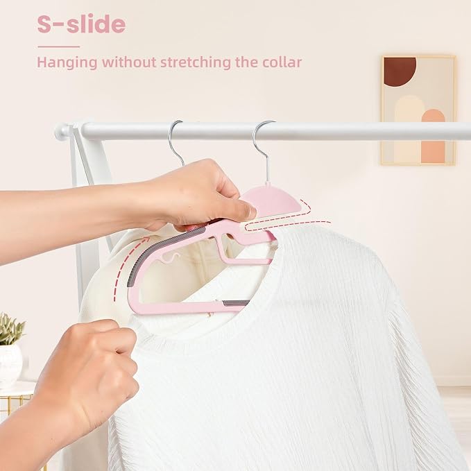 BAGAIL Plastic Hangers 50 Pack with Non-Slip Design,0.2 Inches Thick, 360°Swivel Hook Space Saving Organizer for Bedroom Closet,Shirts,Pants(Pink- S Shaped) - Image 4