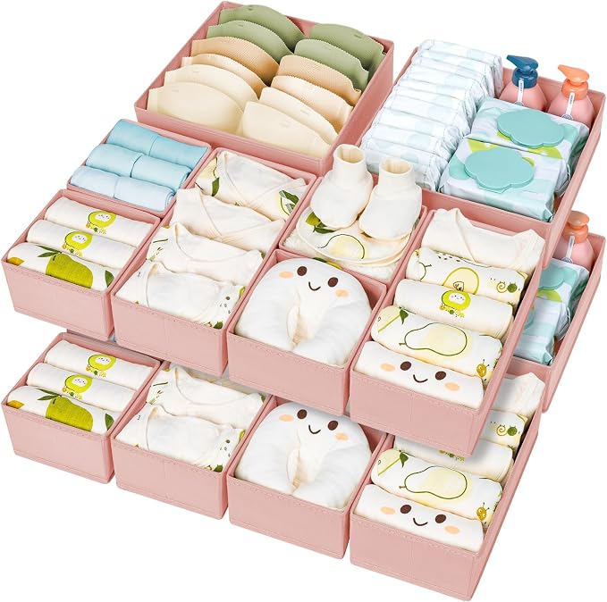DIMJ Drawer Organizer Clothes 15 Pack - Foldable Dresser Organizer for Nursery, Bedroom, Closet - Pink Dividers for Baby Clothes, Underwear, Clothing, Sock, Belt, Tie by DiMJ