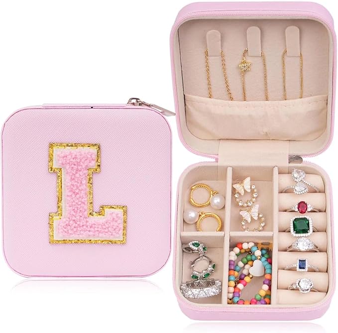 ETHOON Jewelry Travel Case Small Organizer Stocking Box Personalized Gifts Teenage Jewelry Accessories Holiday Wedding Christmas Gift for Women Pink, Letter L by ETHOON