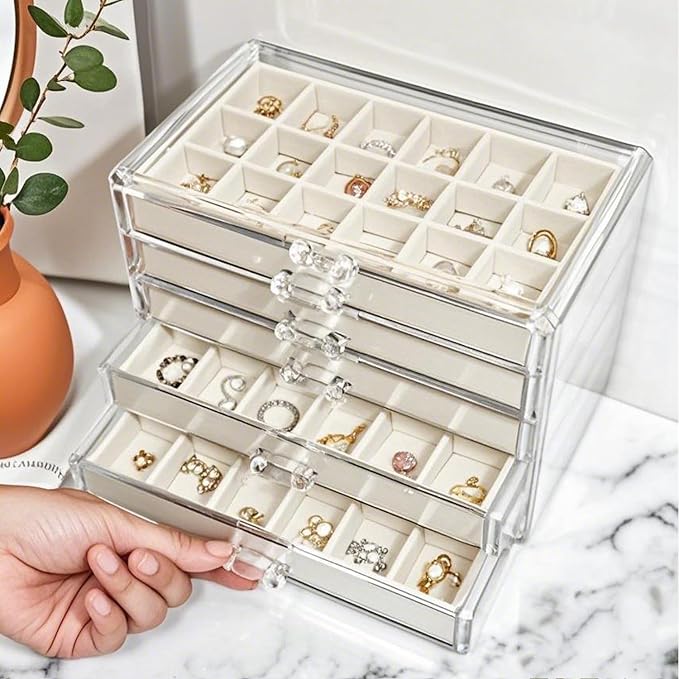 Acrylic Earring Holder Organizer with 5 Drawers Clear Earring Organizer Box with 90 Adjustable Grids Velvet Earring Display Case Jewelry Organizer for Earrings Rings Studs (Beige) - Image 3