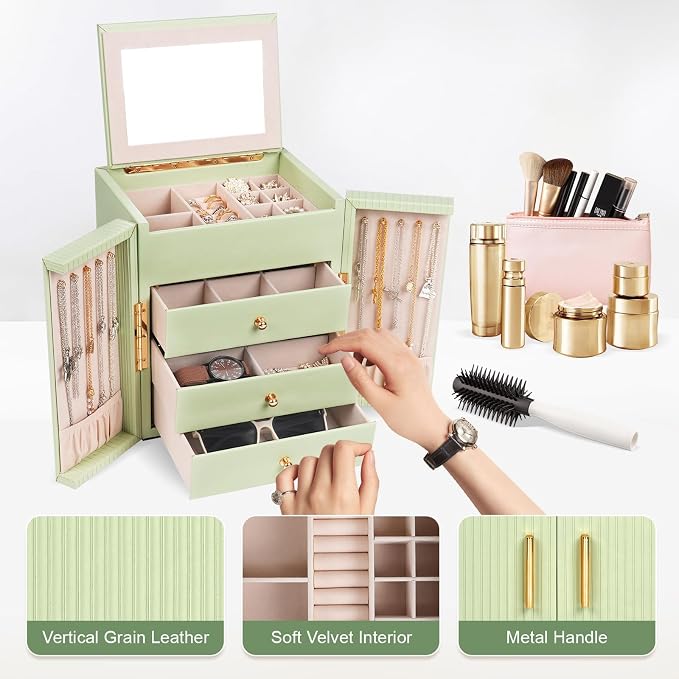 Dajasan Large Jewelry Box Organizer, Jewelry Storage Organizer with 3 Drawers, Huge Jewelry Box with Mirror for Women Girls, Double Door, Textured PU Leather, Gift Idea, Stylish (Green + Gold) - Image 4
