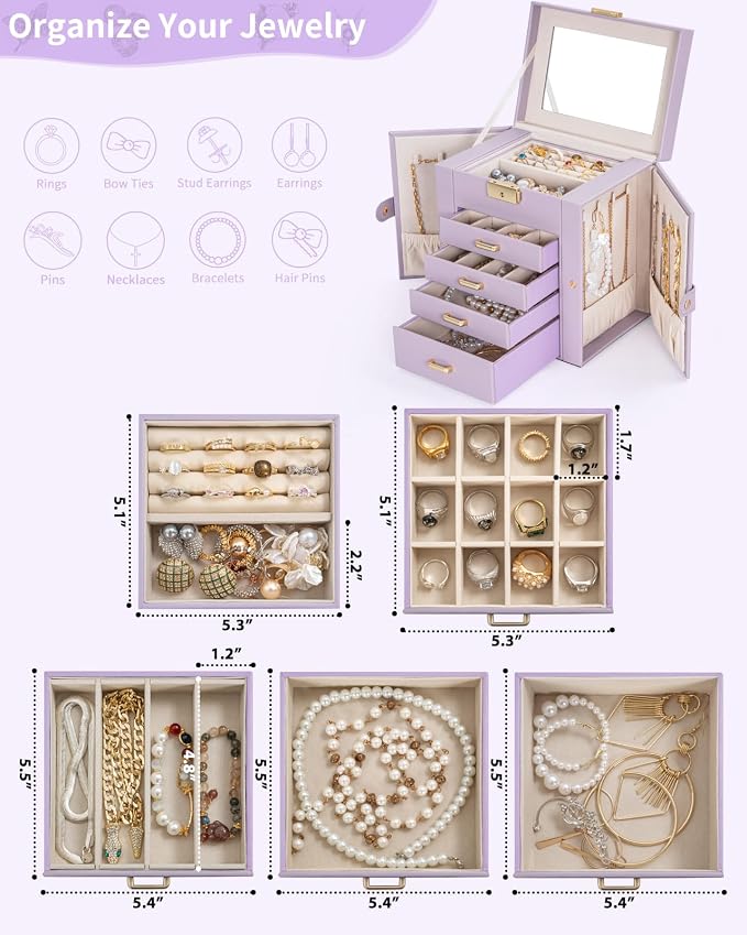 AKOZLIN 5-Tier Jewelry Box Leather Jewelry Storage Organizer with 4 Drawers Lockable for Women Girls Ring Necklace Earring Bracelet Watches Holder with Mirror Purple - Image 3