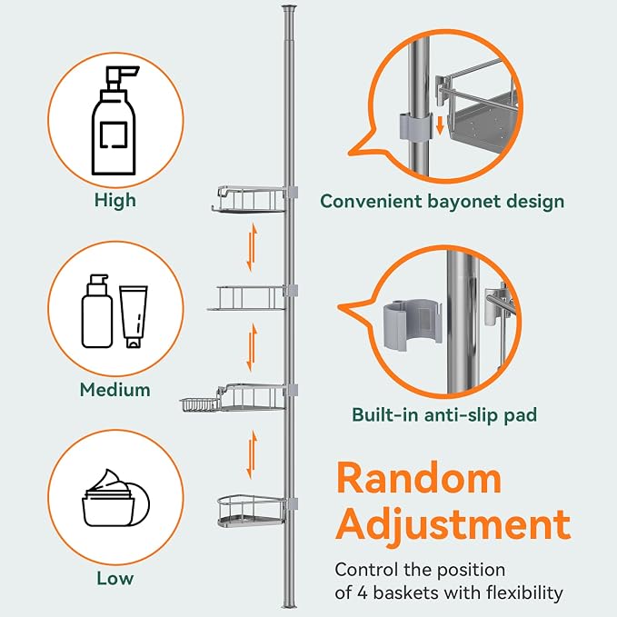 Corner Shower Caddy Tension Pole Rustproof, 4 Tier Adjustable Shower Organizer Tension Pole, 25-125 Inch Bathroom Shower Organizer for Bathtub Shampoo Storage, Silver - Image 5