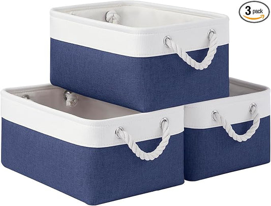Storage Baskets for Shelves 13.8x9.8x6.7 Inch, Foldable Fabric Storage Bins with Handles, Small Storage Baskets for Organizing Closet, Office, Home Organization (3-Pack, White&Blue) by VQRTEXAStorageBasket