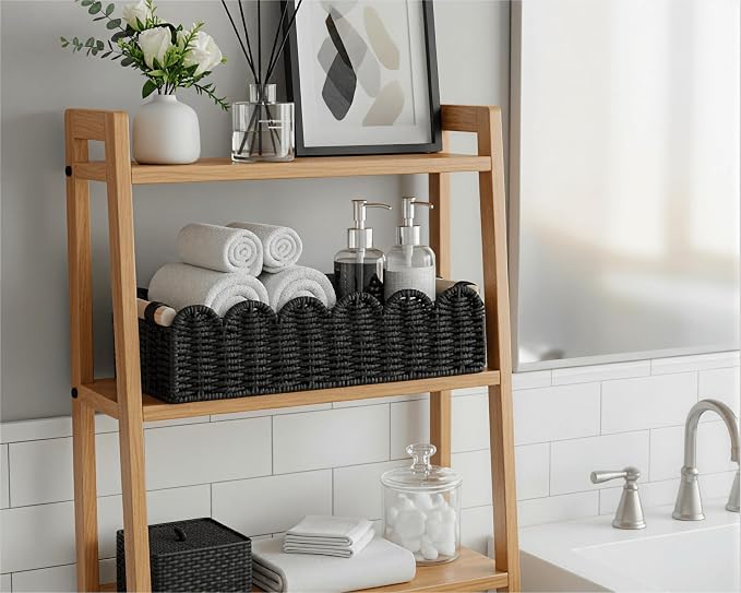 CubesLand Toilet Paper Storage Basket Scalloped Edge Home Decor Basket, Living Room Cozy Decor, Paper Rope Small Baskets for Over Toilet Storage Shelf, End Table, Shelves, with 2 Wooden Handles, Black - Image 4