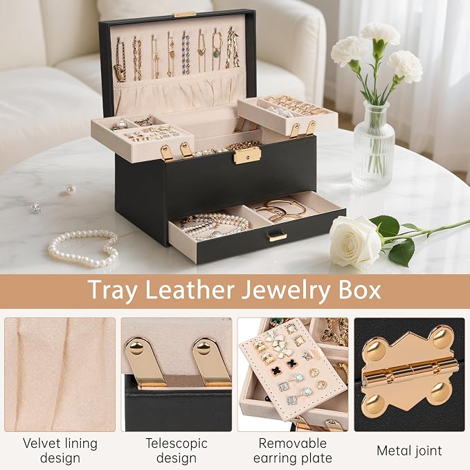 AKOZLIN Travel Jewelry Box Organizer Functional 2-trays Leather Jewelry Storage Case with Lockable Portable Drawer for Women Girls Ring Necklace Earring Bracelet - Image 3