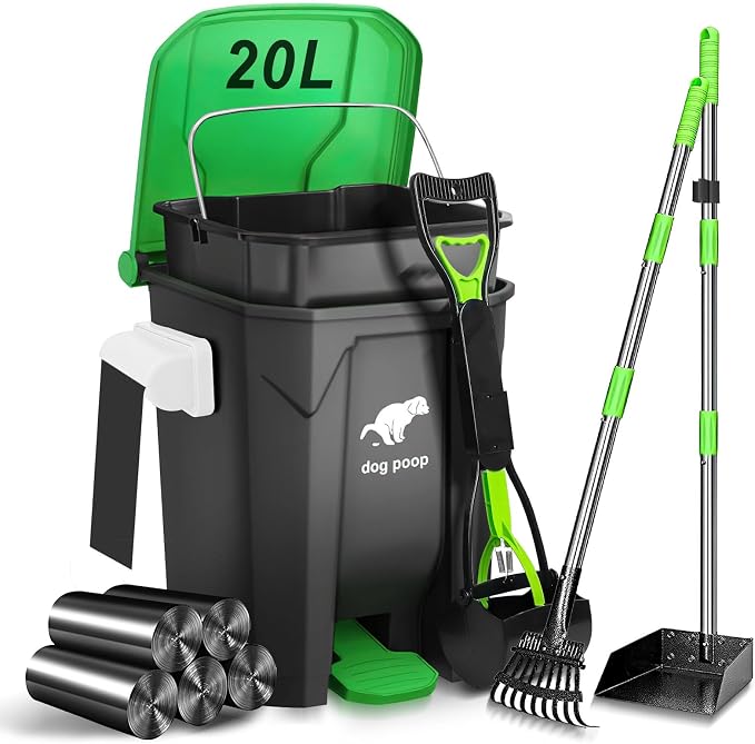 Dog Poop Trash Can Outside with Pooper Scooper and Metal Rake & Tray, 20L/5Gal Dog Waste Trash Can with Lid, Pedal and Removable Inner Waste Bin, Pet Poop Bin with 100 Bags, Green by UPPCASIR