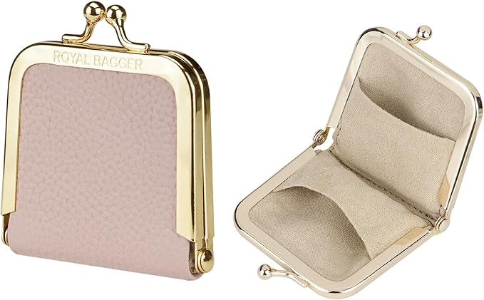 Royal Bagger Genuine Cow Leather Ultra-Slim Mini Jewelry Box, Ring & Necklace Storage, Slim Coin Purse with Kiss Lock for Women 3120 (Light Pink) by ROYALBAGGER