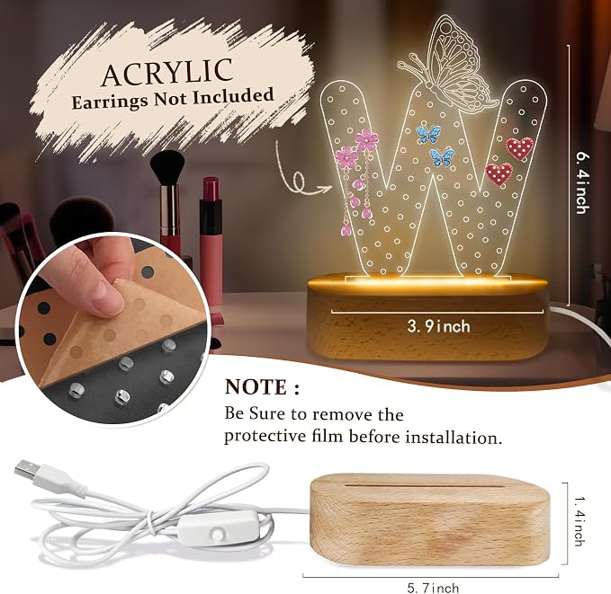 COSHAYSOO Earring Holder Organizer for Women Teen Girls with Butterfly Decorations LED Night Light USB Plug In, Initial Letter Earring Rack Vanity Dresser Dressing Table Bedroom Room Decor Letter W - Image 2