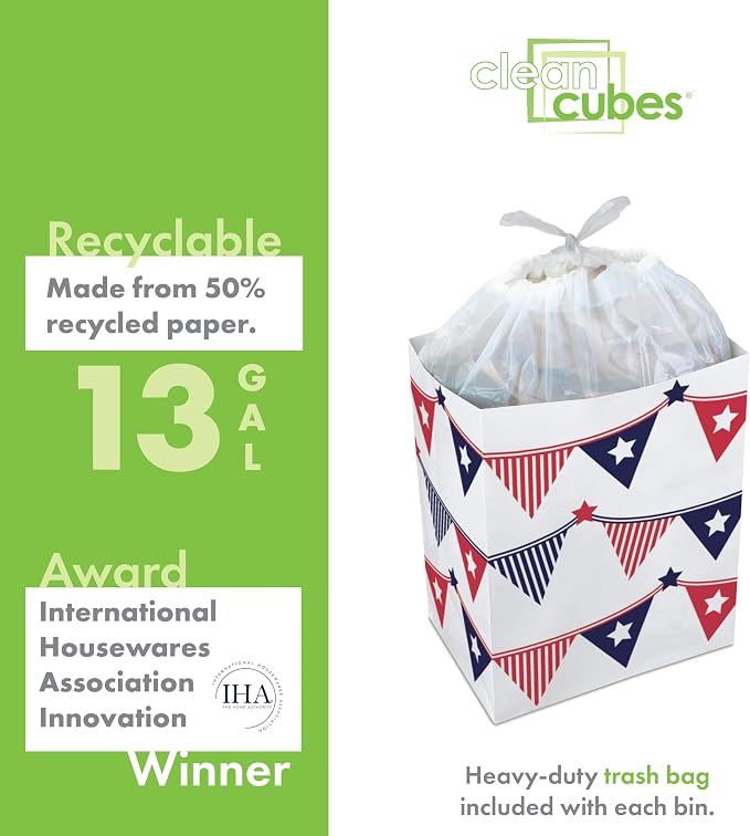 Clean Cubes 13 Gallon Disposable Pop-Up Trash Cans (3-Pack) with Fitted Bags – Foldable Garbage & Recycling Bins for Parties, Events & Kitchen (USA Flag, 17" H x 13.5" W x 10" D) - Image 5