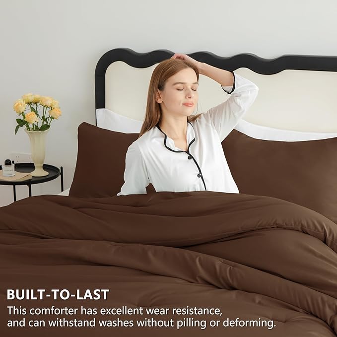 CozyLux Queen Comforter Set Brown, 3 Pieces Solid Comforters Queen Size Breathable Quilted Bedding Sets, Luxury Soft Lightweight Bed Set with Down Alternative Comforter and 2 Pillowcases All Seasons